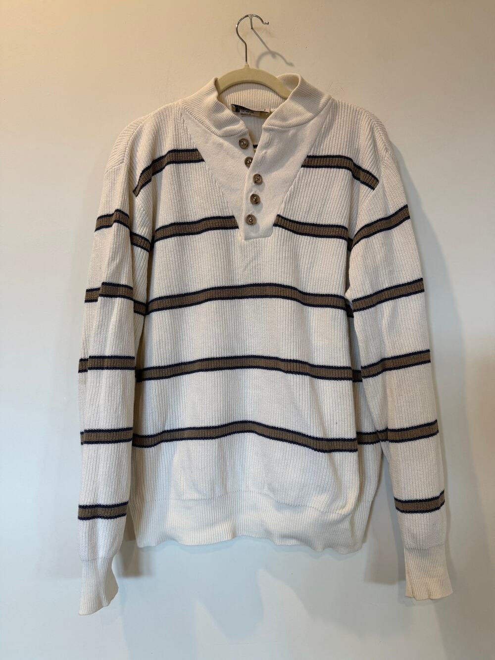 Vtg 90s LL Ban 100% cotton white striped henley sweater men's M preppy